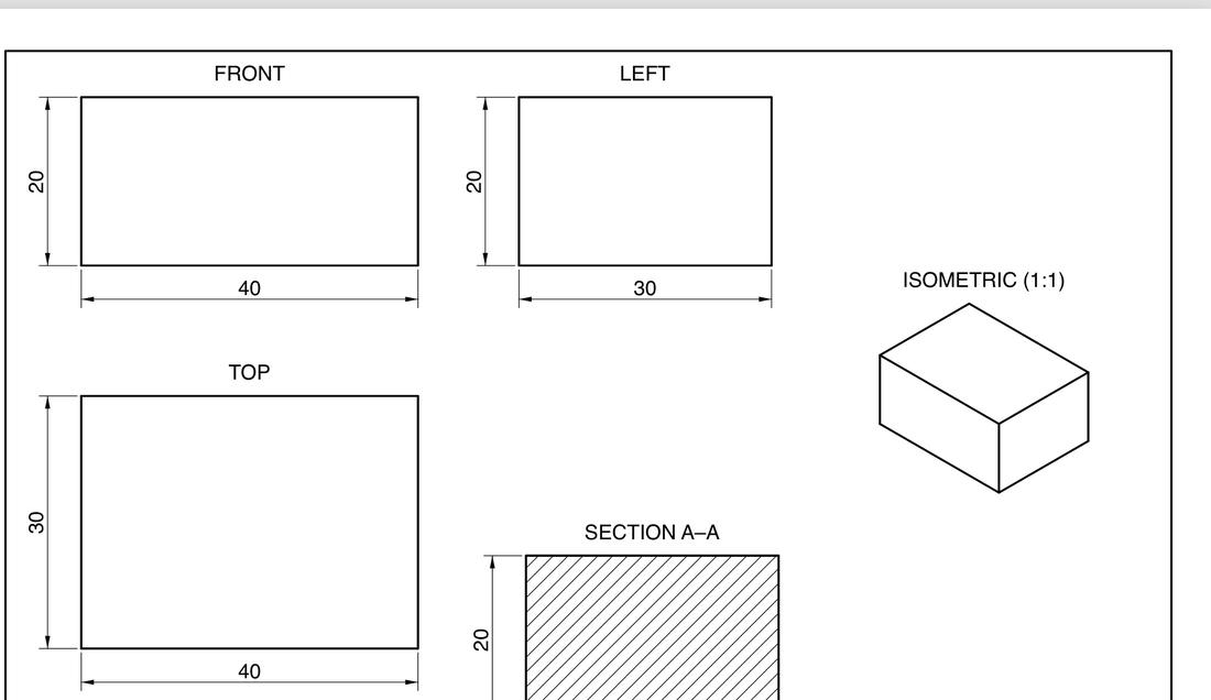 Technical drawing with front, left, top, isometric views and section A–A