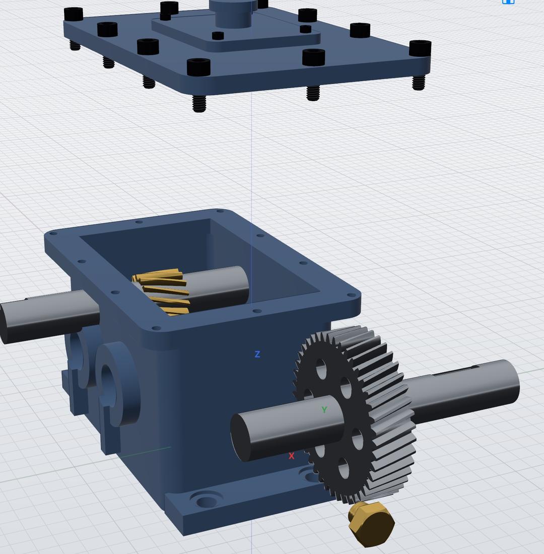 Exploded view of a gearbox with the lid lifted and the gear shaft pulled out