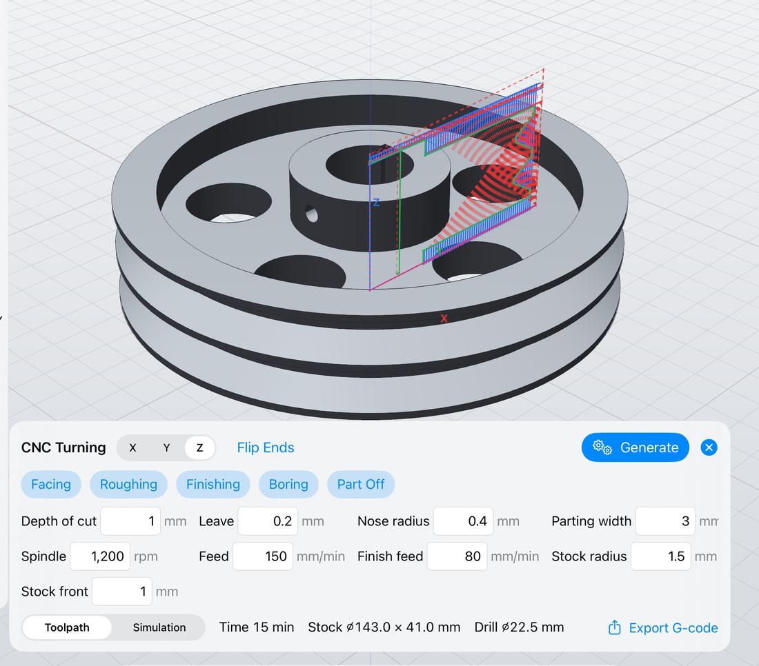 CNC turning tool path on a V-belt pulley with facing, roughing and finishing settings