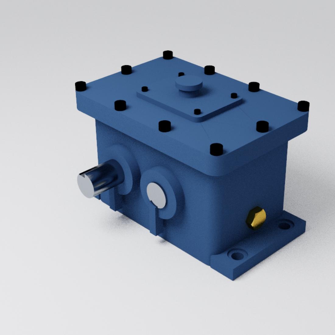 Photorealistic render of a blue gearbox