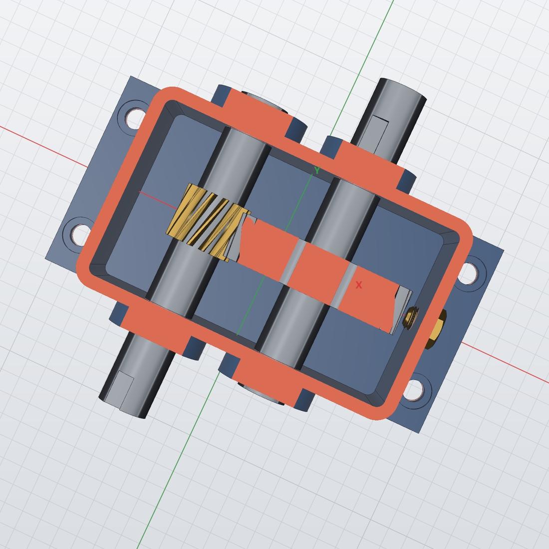 Section through a gearbox housing showing gears and shafts