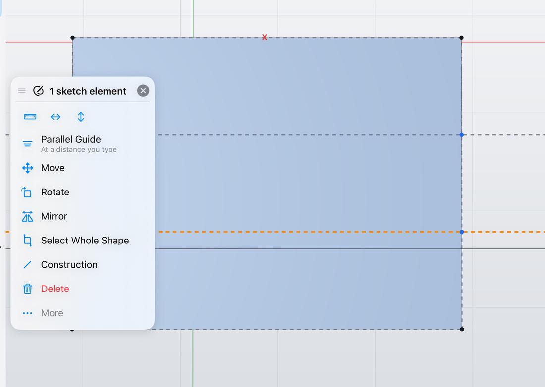A sketch on a face with a context menu offering Parallel Guide, Move, Rotate and Mirror